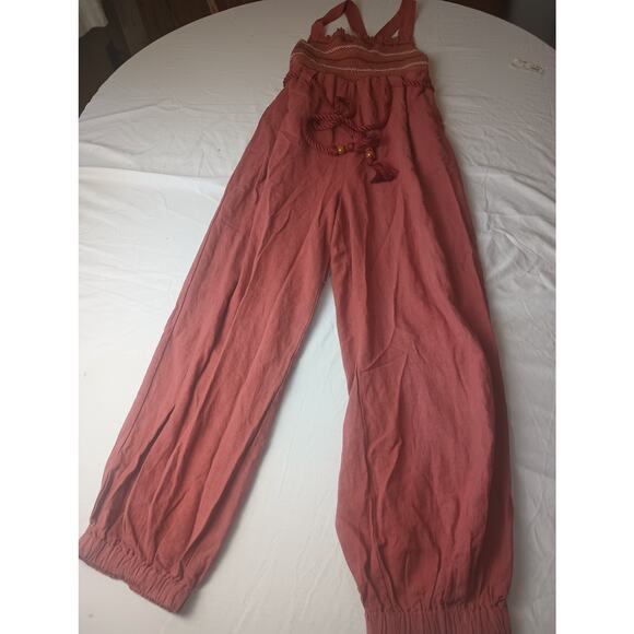 Free People Pants - Free People Sienna Smocked Jumpsuit Sumac Size Medium Elastic Waist Rope Belt